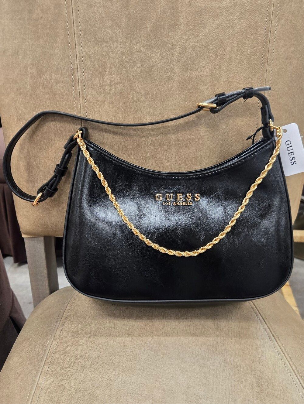 GUESS Black Glossy Shoulder Handbag